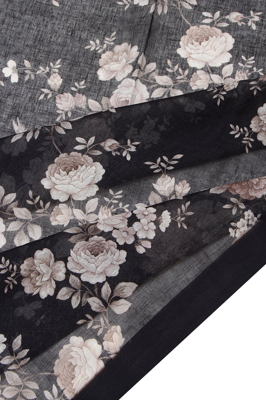 Black Linen Silk Saree with Floral Work