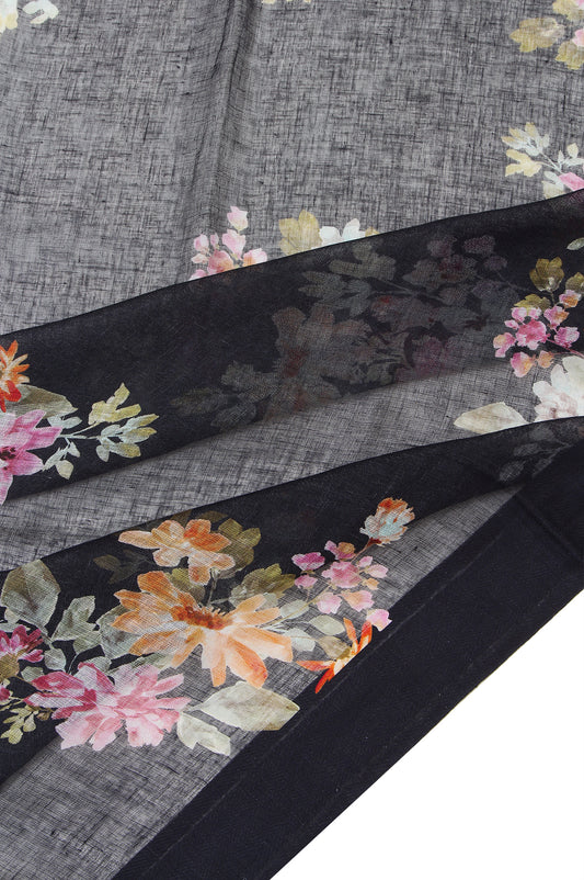 Black Linen Silk Saree with Floral Detailing