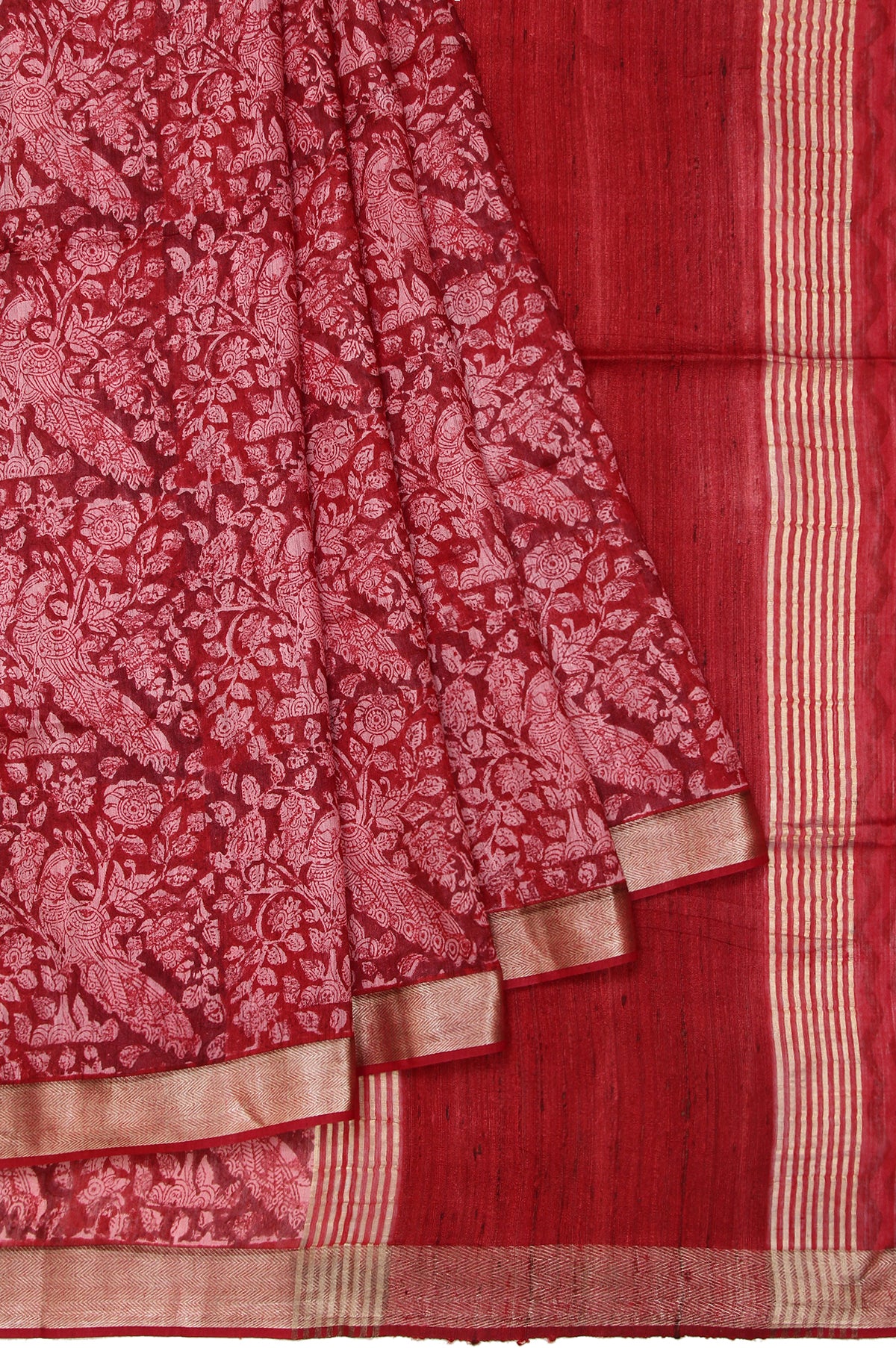 Maroon Tussar Silk Saree with Gold Zari Check and Diamond Buttas