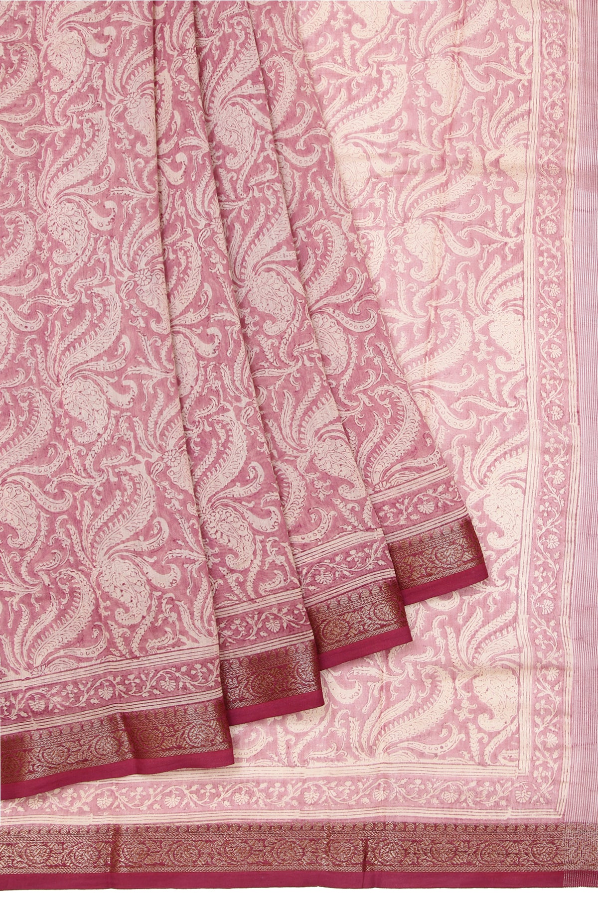 Onion Pink Chanderi Cotton Silk Saree with Floral Creeper