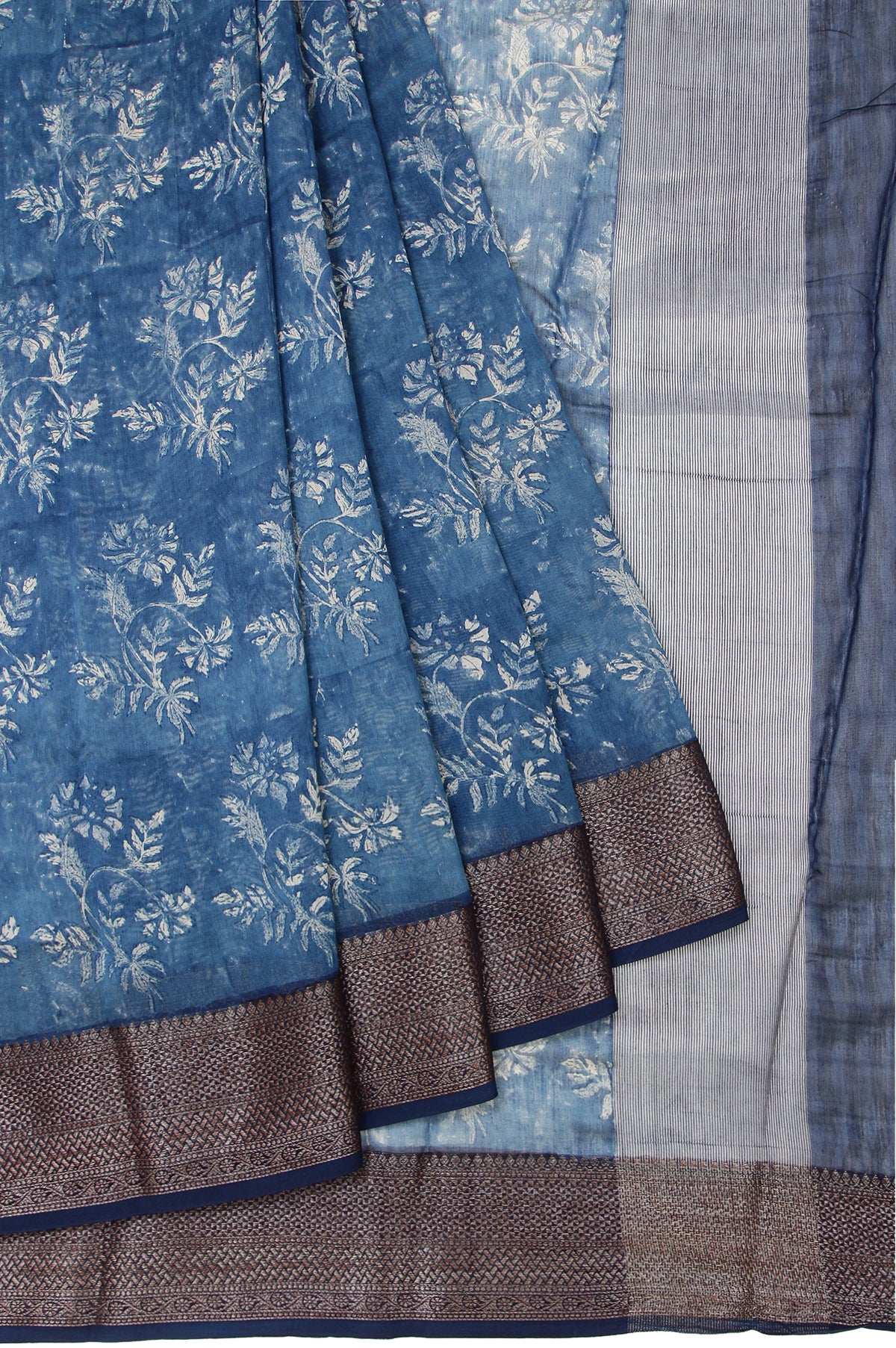 Blue Chanderi Cotton Silk Saree with Blue Striped Blouse