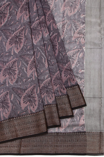 Grey Chanderi Cotton Silk Saree with Leaf Motifs