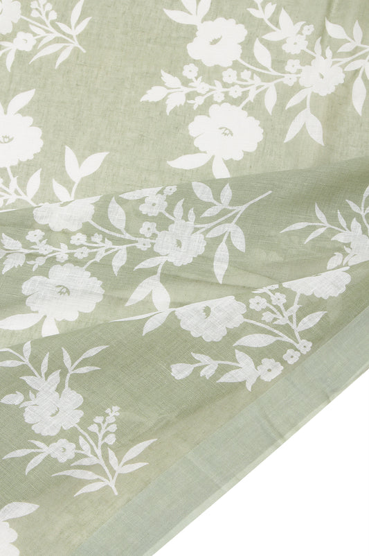 Pista Green Linen Silk Saree with Flower Motifs and Screen Print