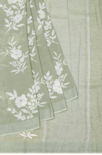 Pista Green Linen Silk Saree with Flower Motifs and Screen Print