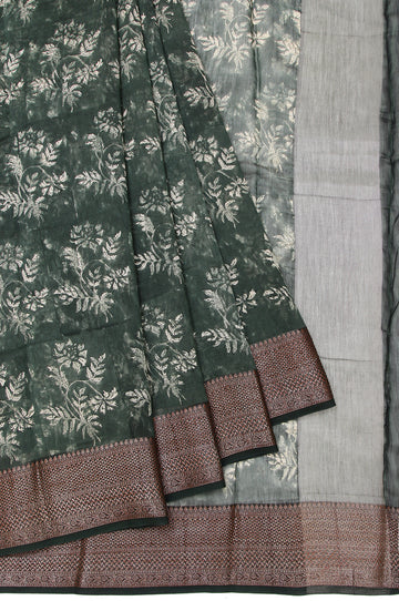 Green Chanderi Cotton Silk Saree with Antique Zari and Floral Design