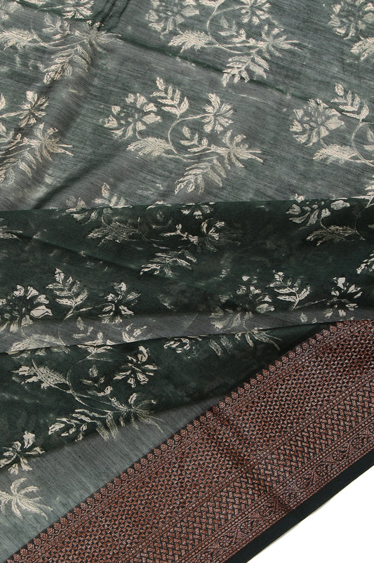 Green Chanderi Cotton Silk Saree with Antique Zari and Floral Design