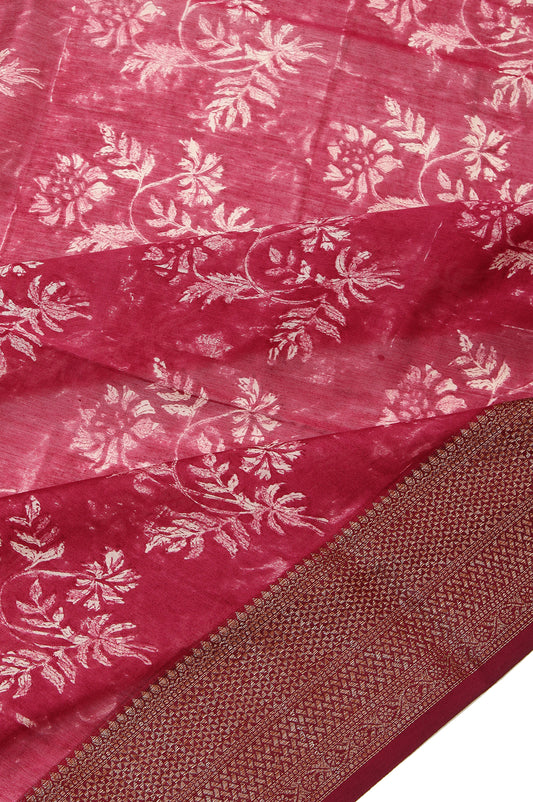 Pink Chanderi Cotton Silk Saree with Pink Striped Blouse