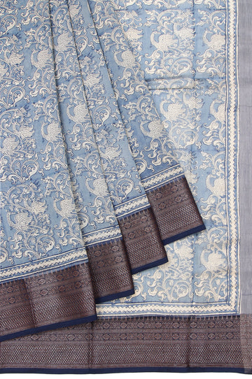 Indigo Blue Chanderi Cotton Silk Saree with Peacock Motifs