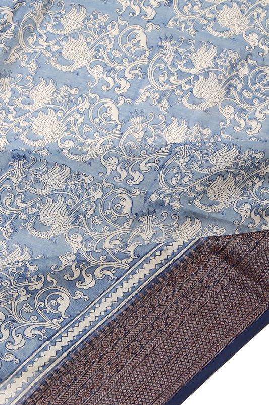 Indigo Blue Chanderi Cotton Silk Saree with Peacock Motifs