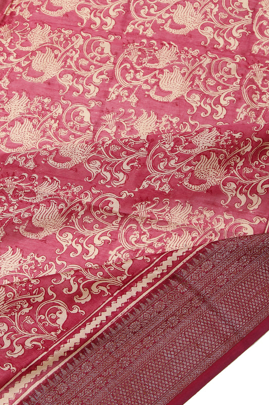 Pink Chanderi Cotton Silk Saree with Antique Zari and Peacock Motifs