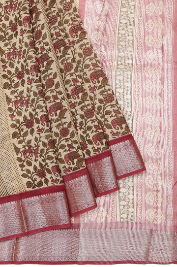 Sandal Chanderi Cotton Silk Saree with Onion Pink Border