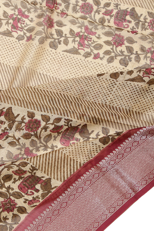 Sandal Chanderi Cotton Silk Saree with Onion Pink Border