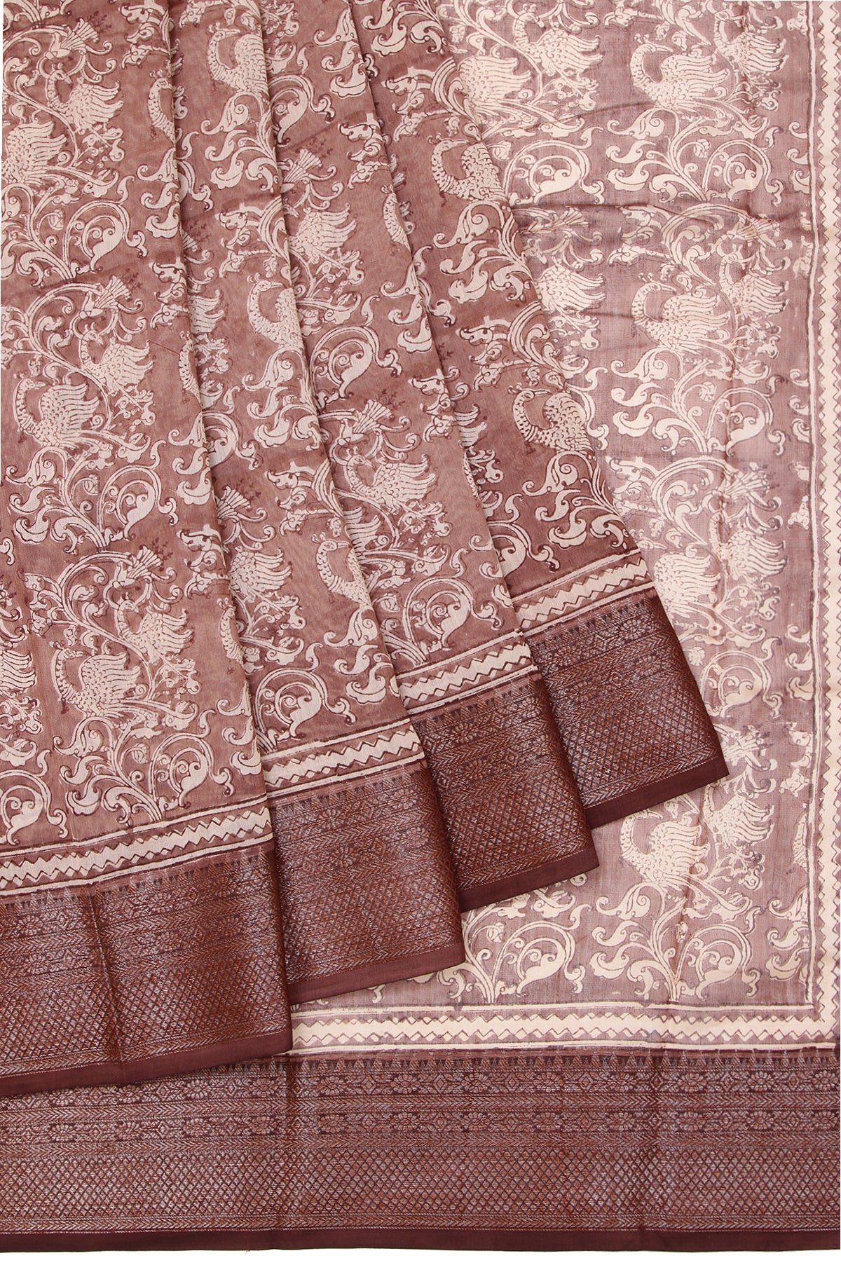 Brown Chanderi Cotton Silk Saree with Peacock Motifs