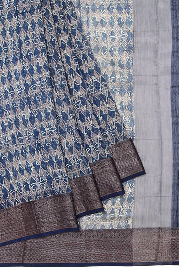 Peacock Blue Chanderi Cotton Silk Saree with Floral and Peacock Design Border