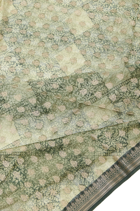 Green Chanderi Cotton Silk Saree Jaal Work