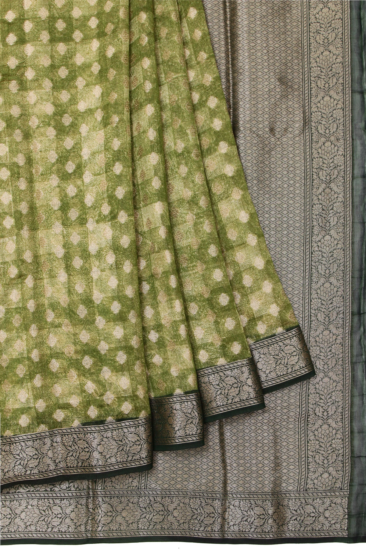 Green Chanderi Cotton Silk Saree Gold Zari Butta