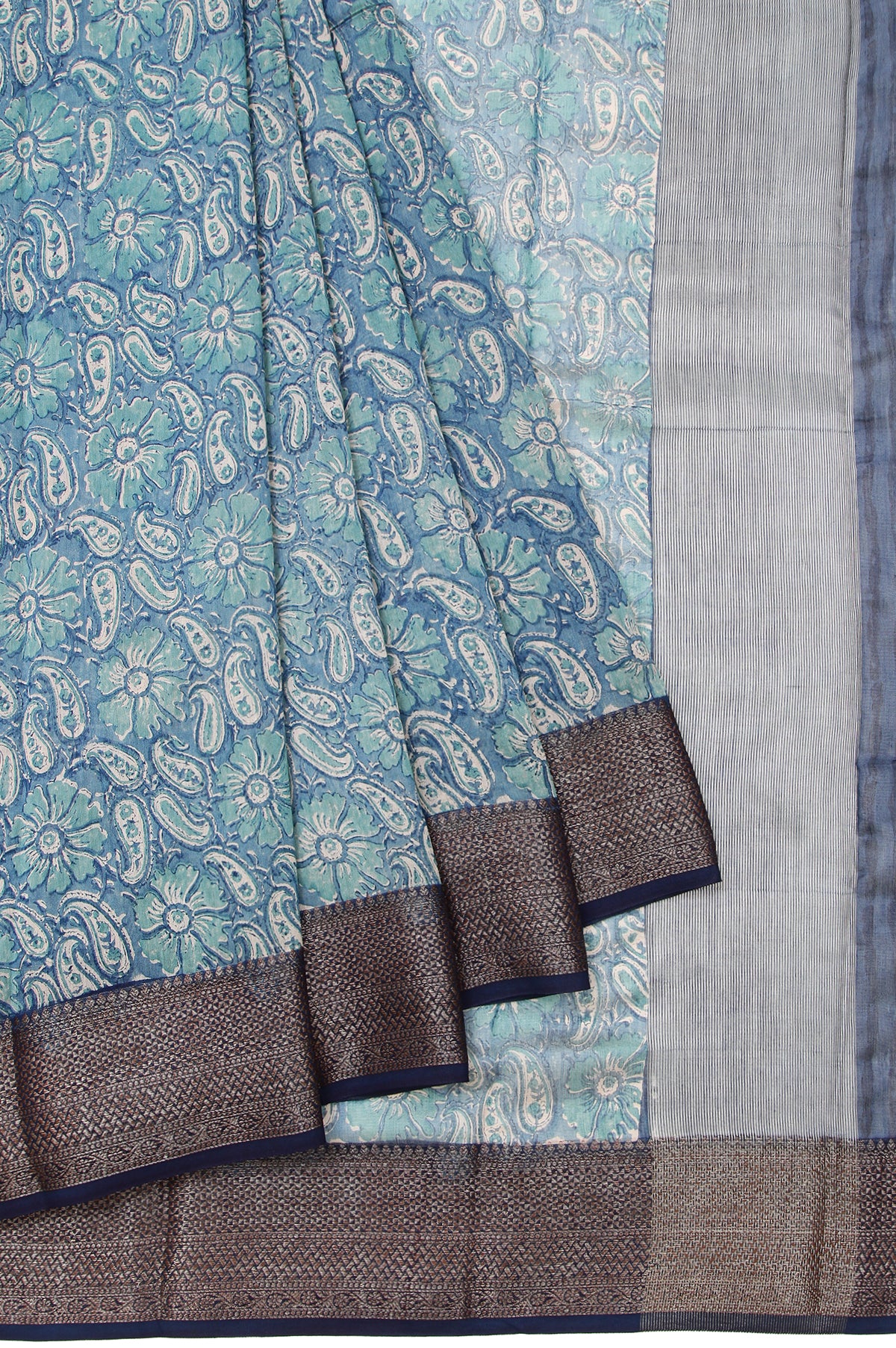 Blue Chanderi Cotton Silk Saree with Green and Black Striped Blouse