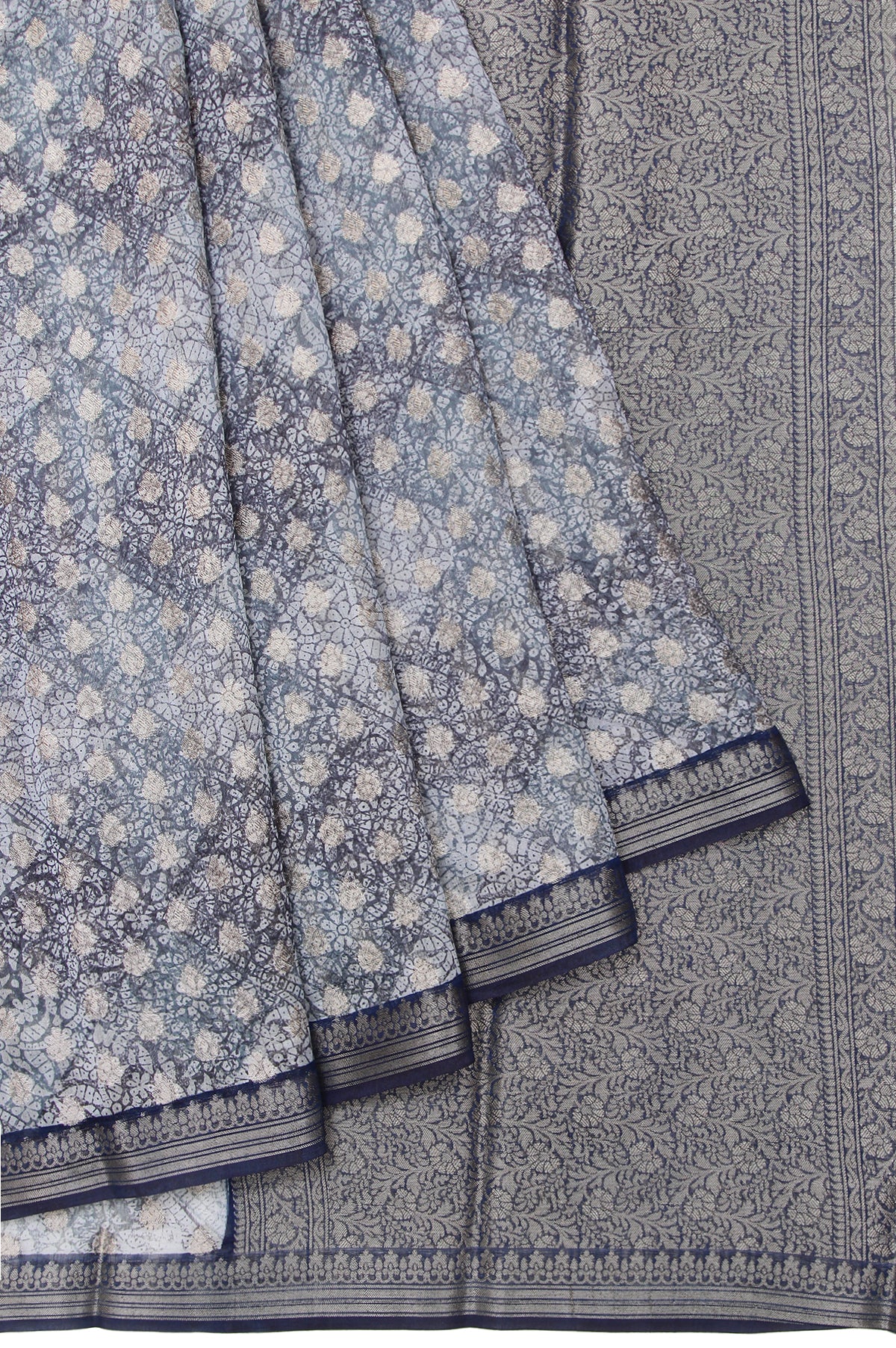 Grey Chanderi Cotton Silk Saree with Floral Jaal Zari Blouse