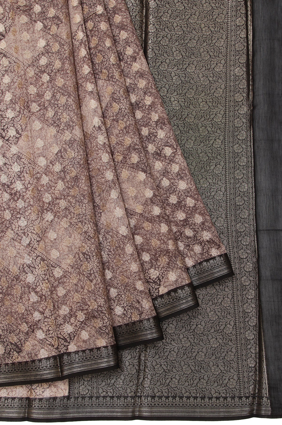 Grey Chanderi Cotton Silk Saree with Plain Black Pallu