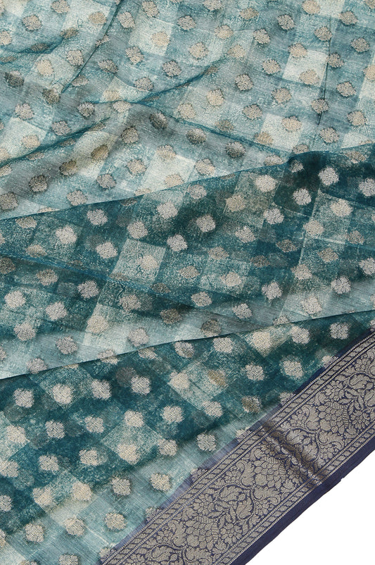 Peacock Green Chanderi Cotton Silk Saree with Floral Creeper