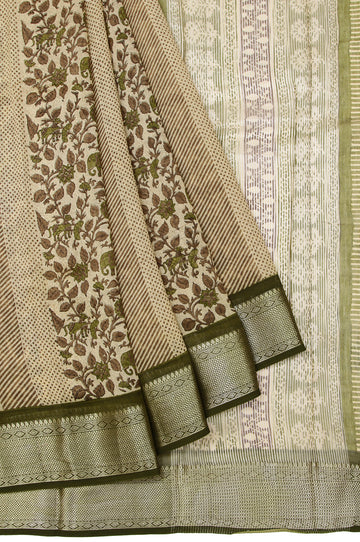 Sandal Chanderi Cotton Silk Saree with Leaf and Elephant Motifs