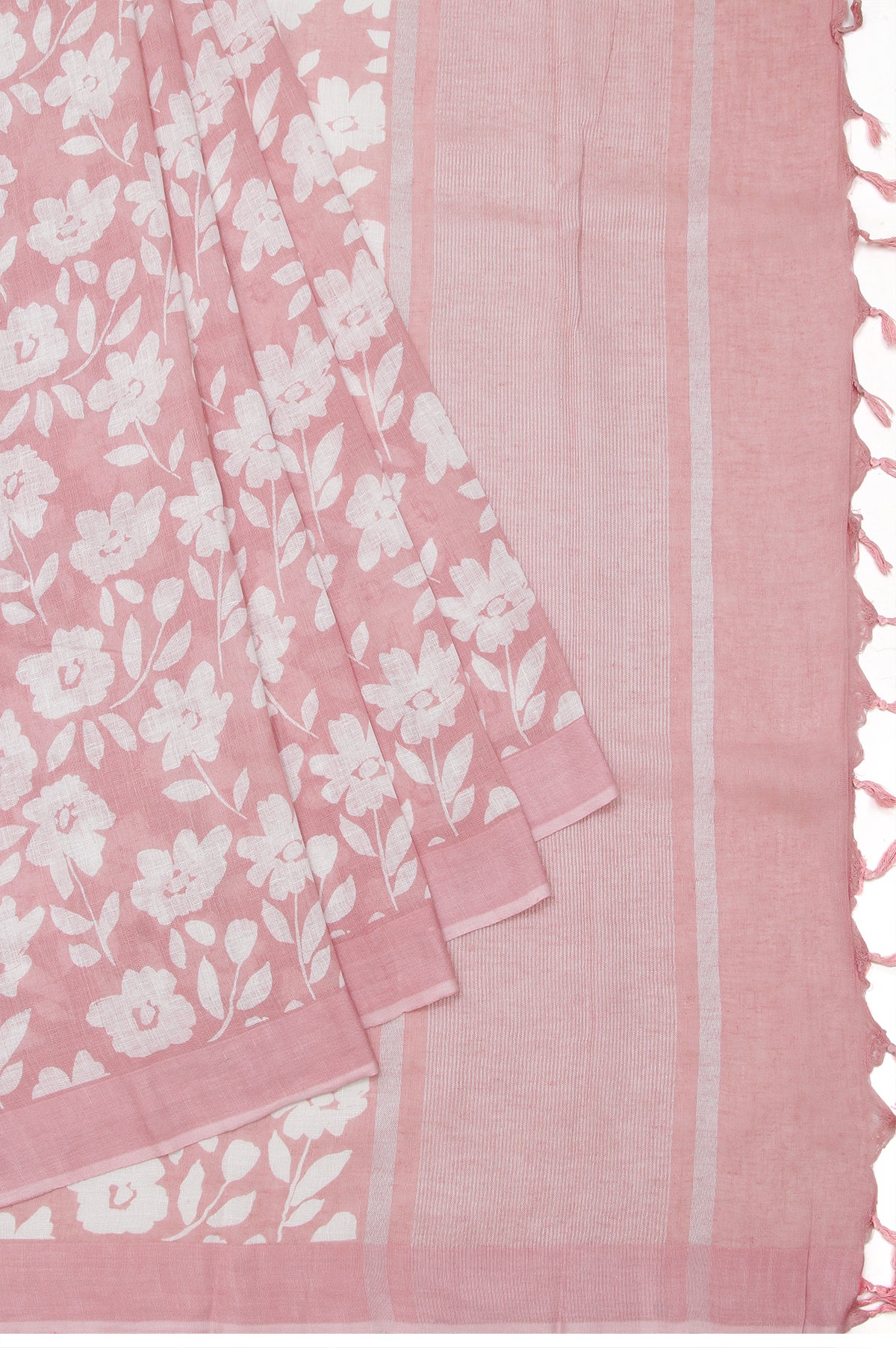 Peach Linen Silk Saree with Plain Border and Silver Zari Lines