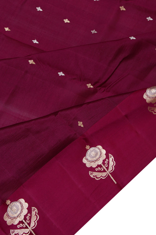 Magenta Chiniya Silk Saree with Gold Silver Zari Work