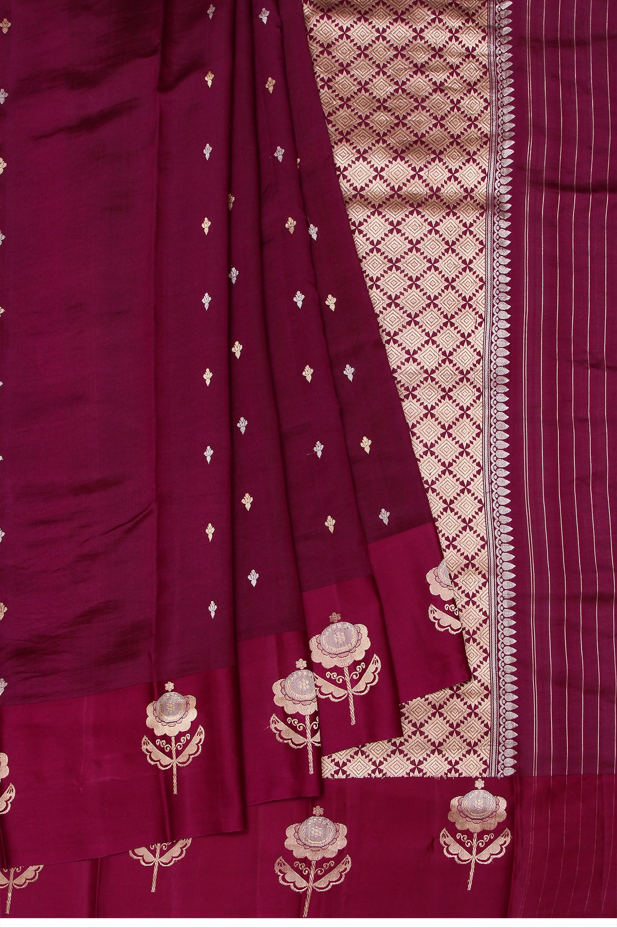 Magenta Chiniya Silk Saree with Gold Silver Zari Work