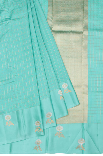 Sea Green Pure Silk Saree with Flower Motif Border