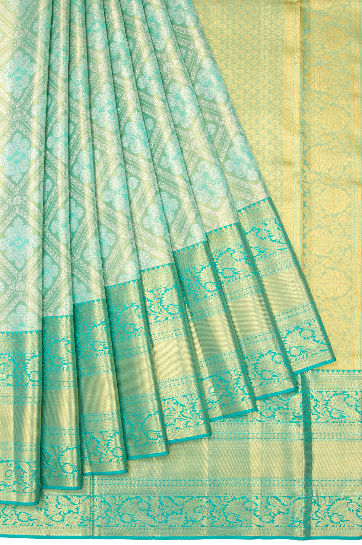 Parrot Green Kanchipuram Tissue Silk Saree with Floral Creeper Border