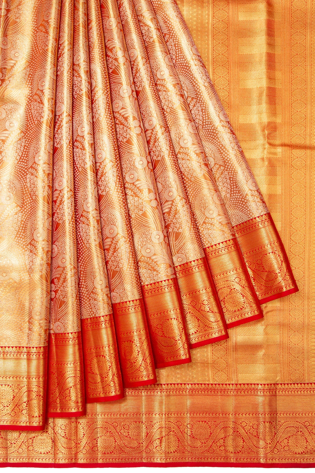 Orange Kanchipuram Tissue Silk Saree with Red Pallu