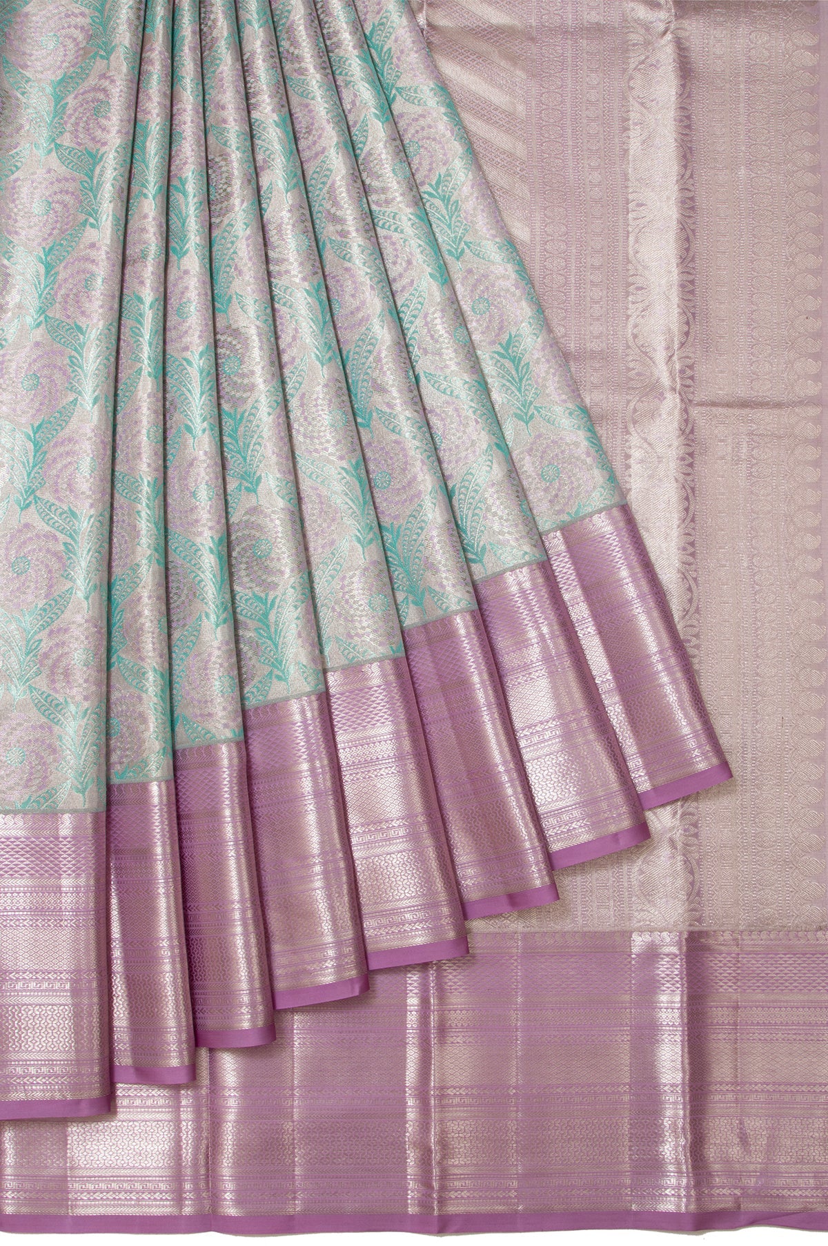 Green Kanchipuram Tissue Silk Saree with Lavender Border