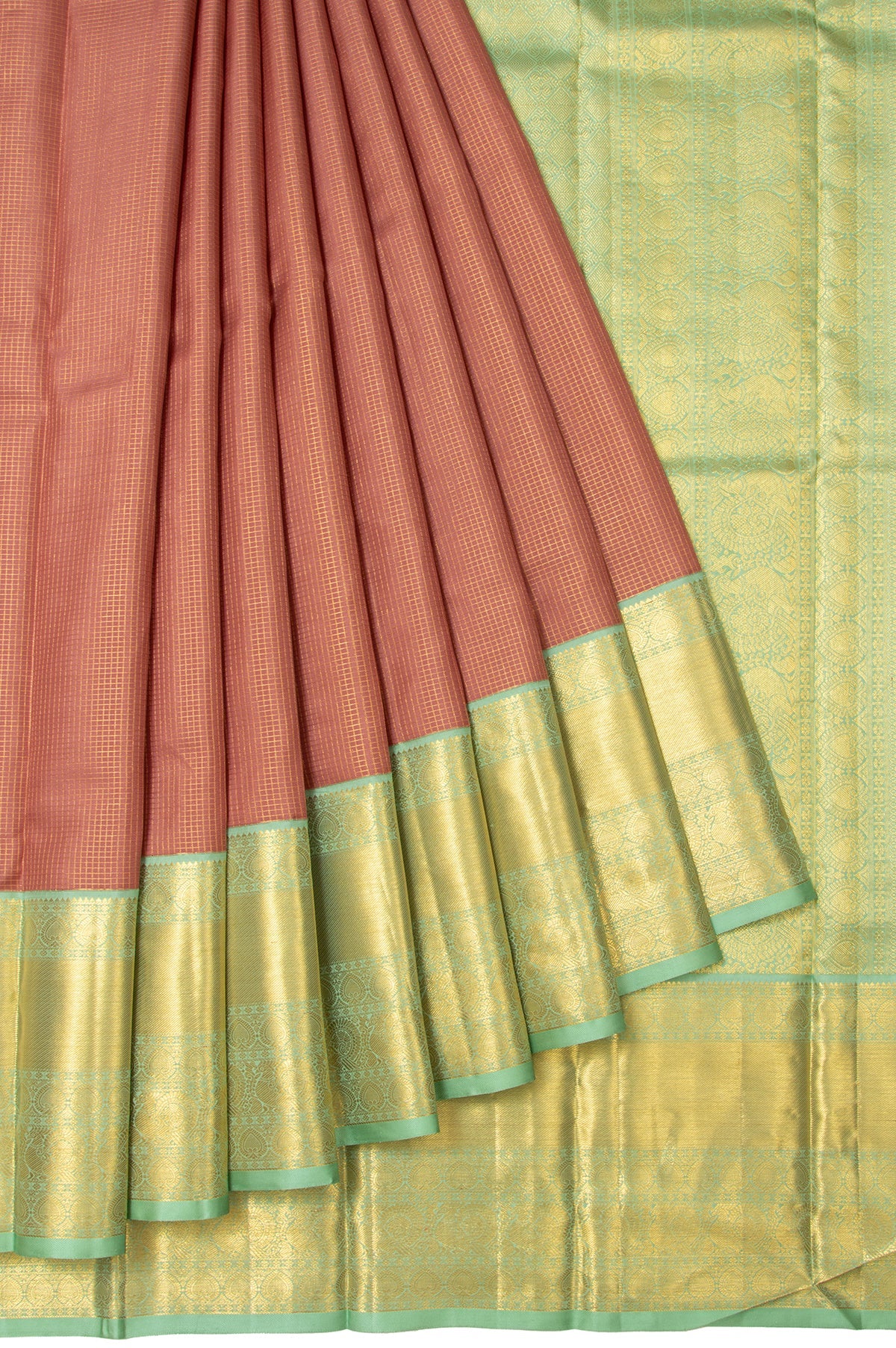 Brown Kanchipuram Silk Saree with Pastel Green Border