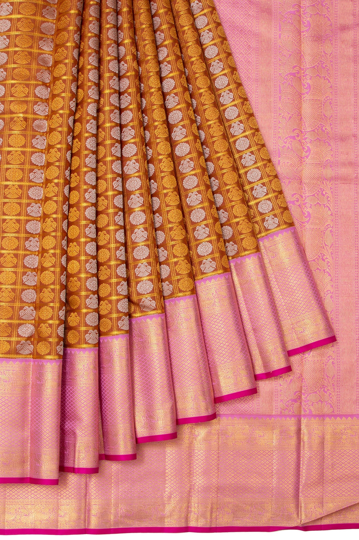 Brown Kanchipuram Silk Saree with Light Pink Pallu