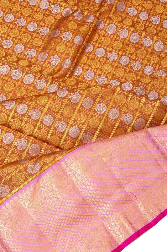 Brown Kanchipuram Silk Saree with Light Pink Pallu