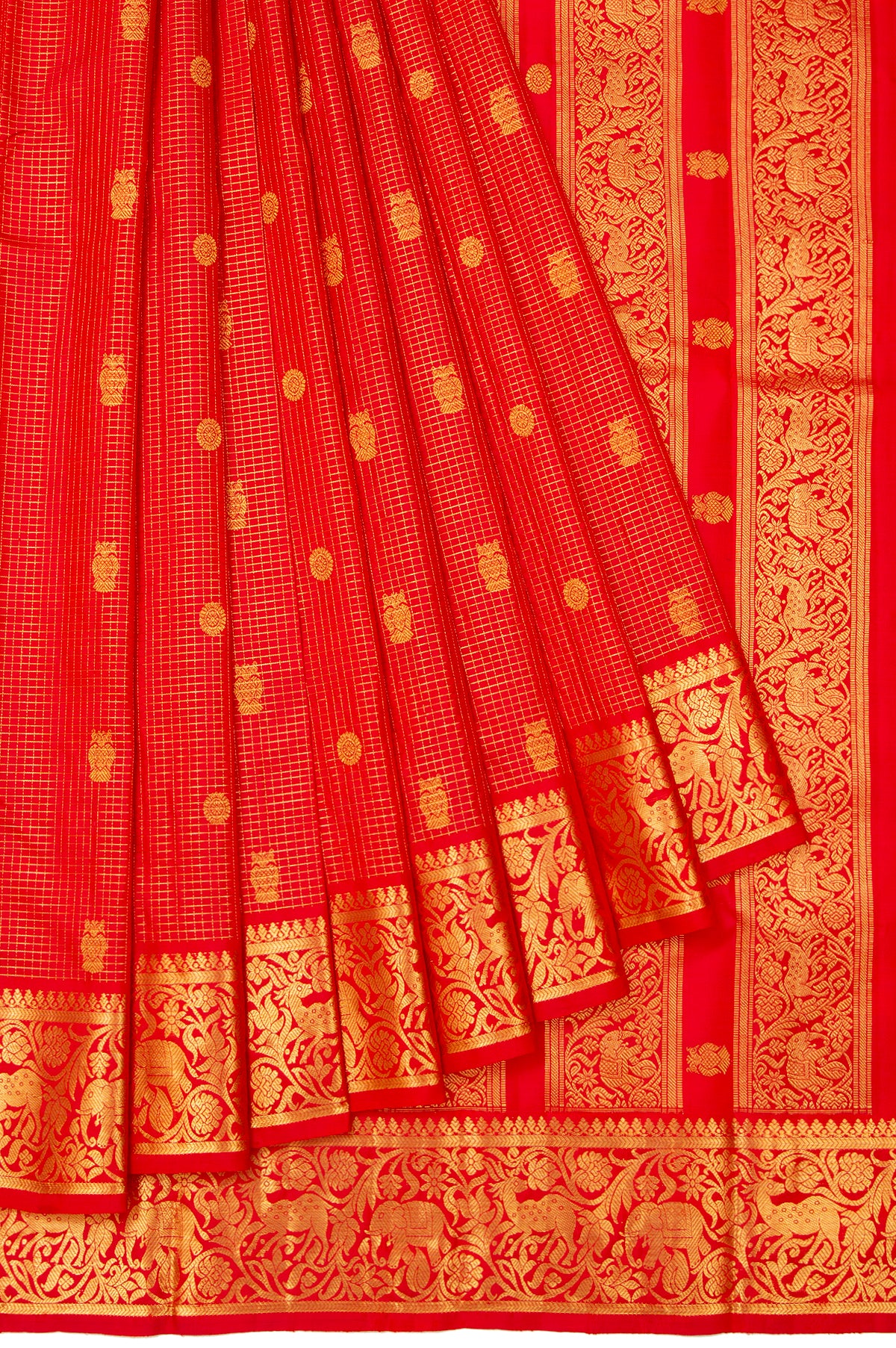 Red Kanchipuram Silk Saree with Iruthalaipakshi Flower Motif