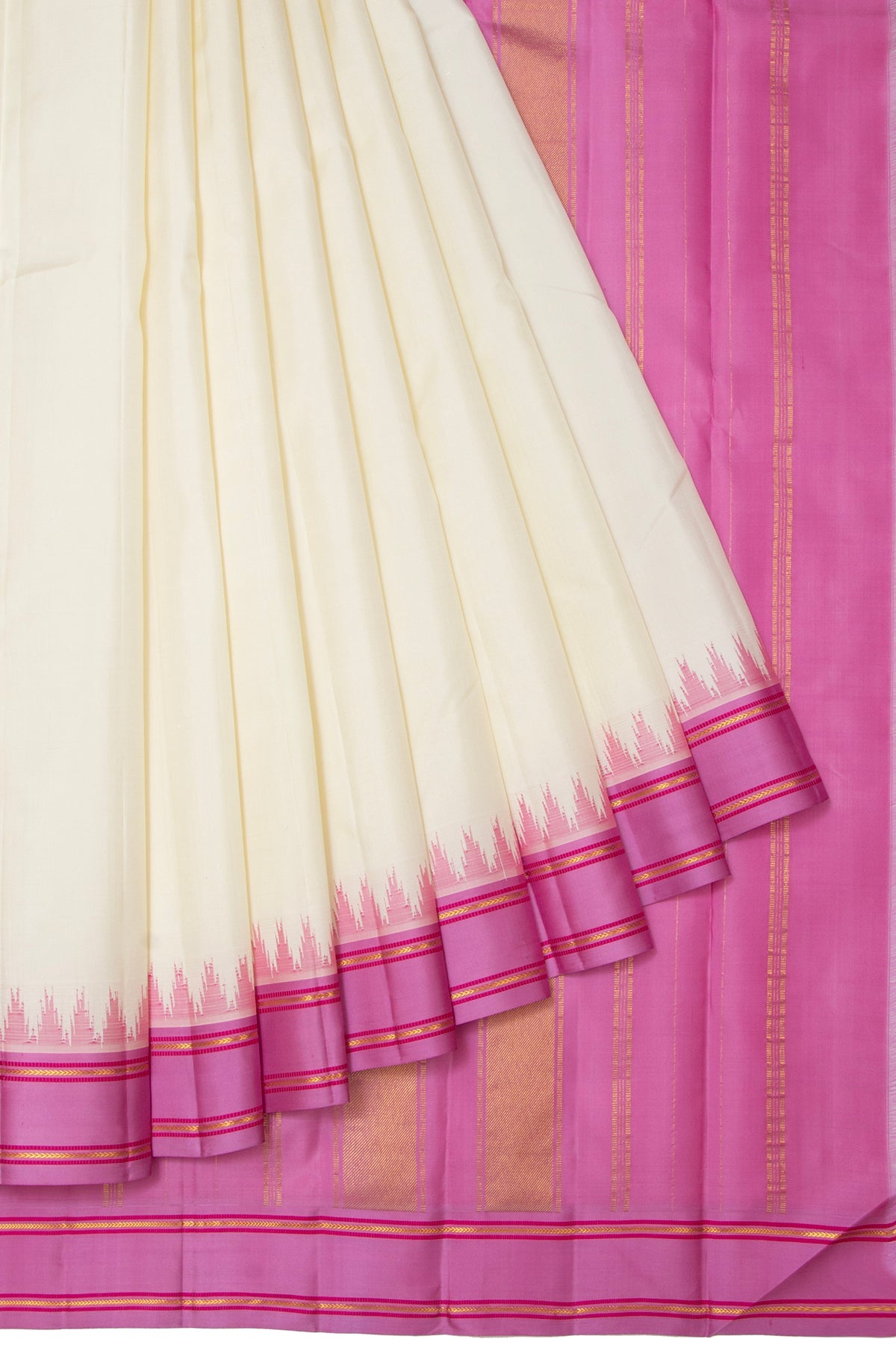 Off White Kanchipuram Silk Saree with Pink Lined Pallu