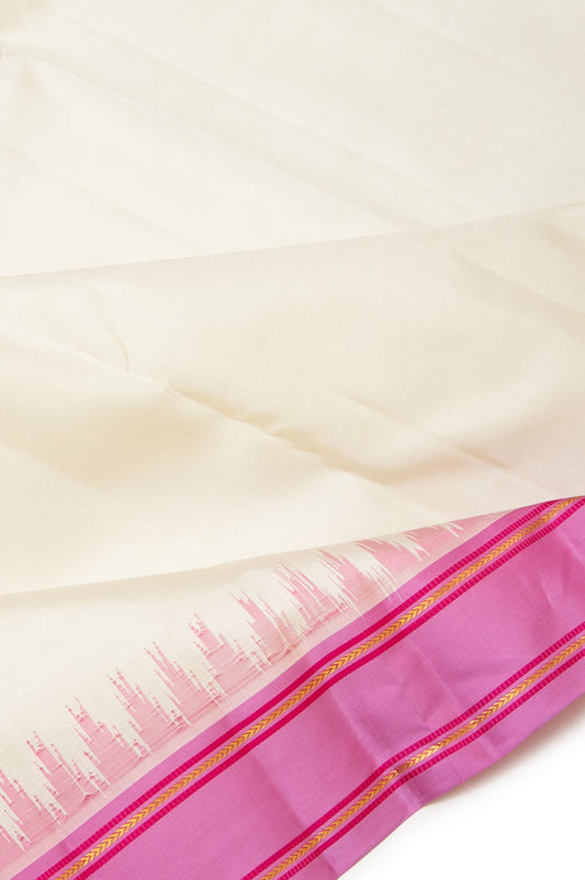 Off White Kanchipuram Silk Saree with Pink Lined Pallu