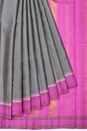 Grey Plain Grey Kanchipuram Silk Saree with Pink Blouse