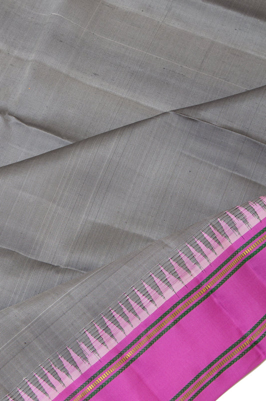 Grey Plain Grey Kanchipuram Silk Saree with Pink Blouse