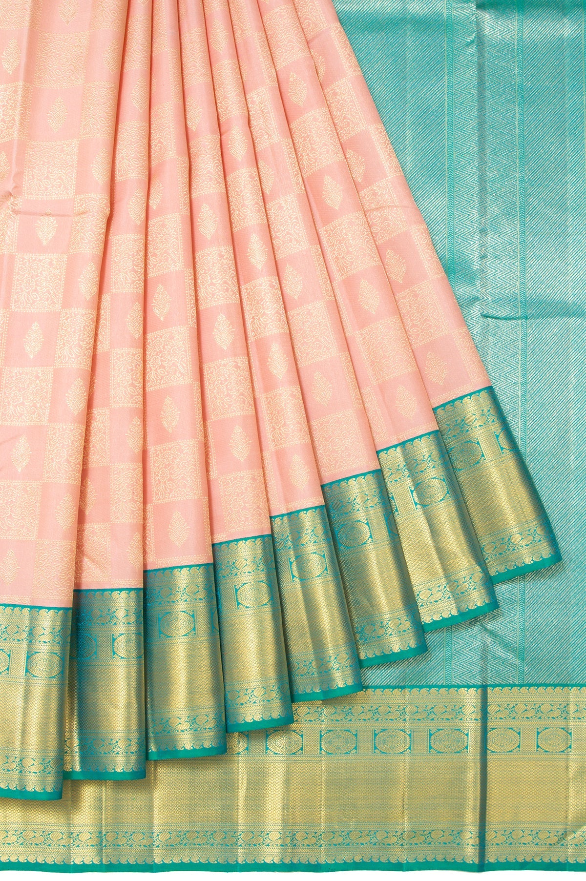 Peach Kanchipuram Silk Saree with Diamond Butta Border