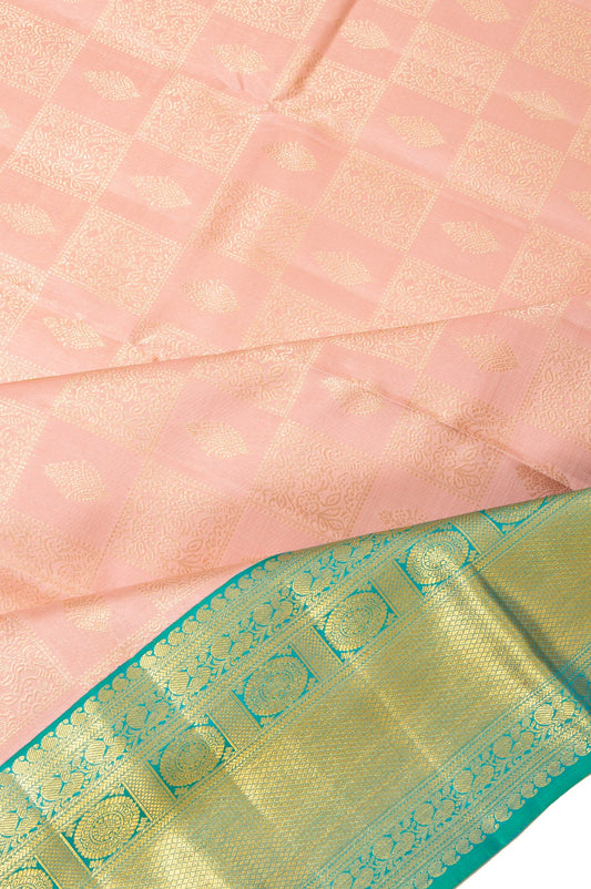 Peach Kanchipuram Silk Saree with Mayil Border