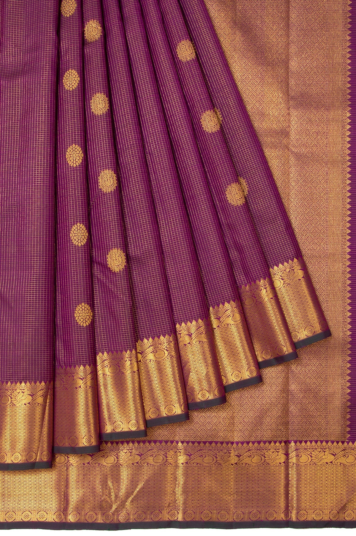 Magenta Chequered and Floral Kanchipuram Silk Saree