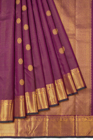 Magenta Chequered and Floral Kanchipuram Silk Saree