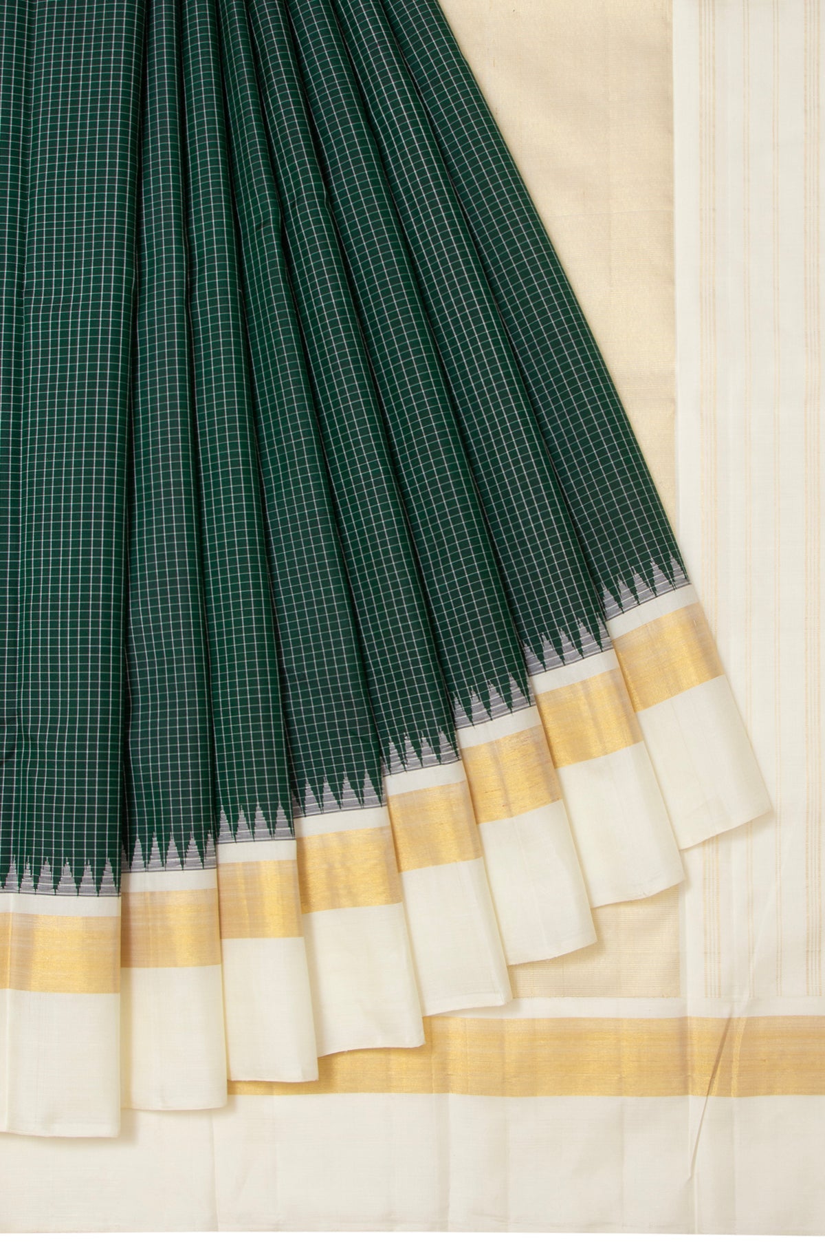 Cream and Green Chequered Kanchipuram Silk Saree