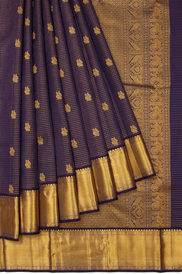 Navy Blue Kanchipuram Silk Saree with Double Yanai Pallu