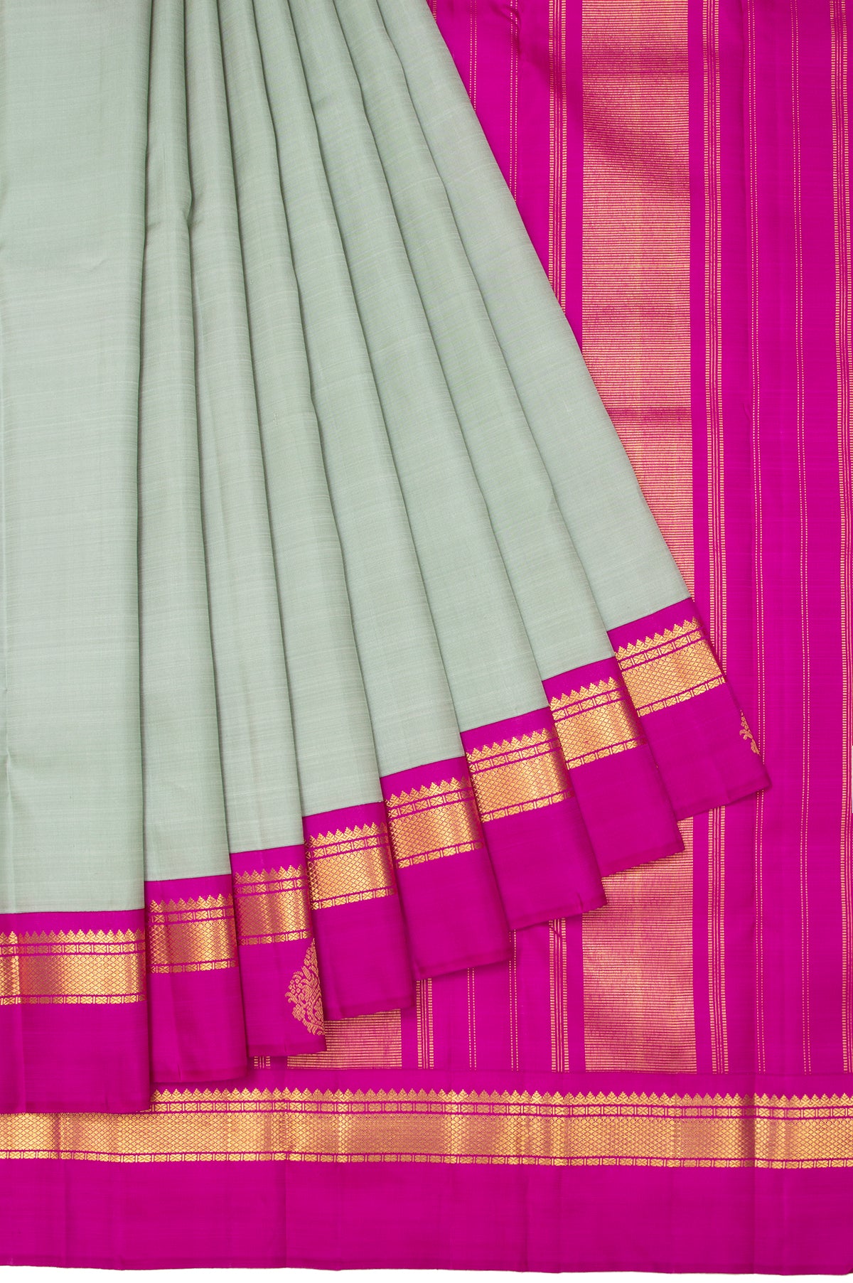 Pista Green Kanchipuram Silk Saree with Kuttu Border and Pink Pallu