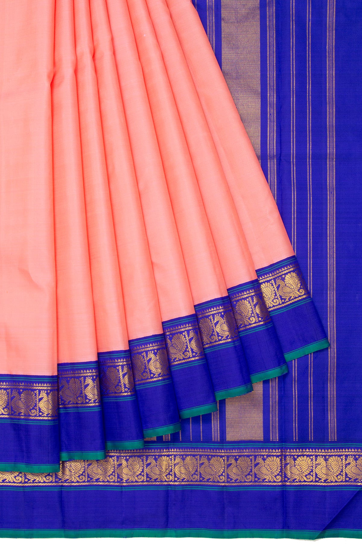 Plain Peach Kanchipuram Silk Saree with Mayil Border