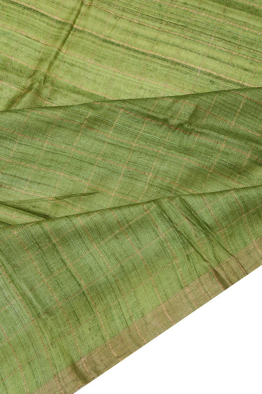 Parrot Green Tussar Silk Saree with Gold Zari Kaddi Border and Floral Motifs