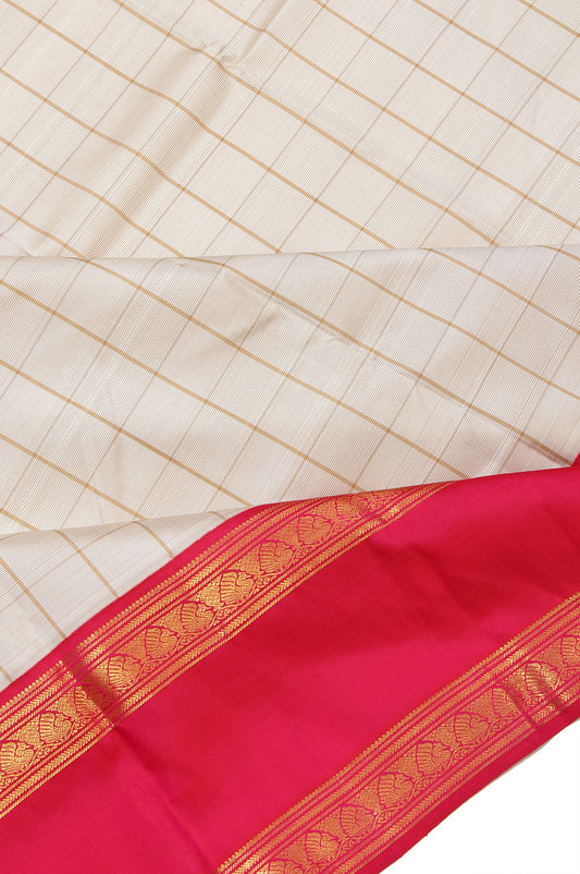 Sandal Kanchipuram Saree with Pink Gold Checks